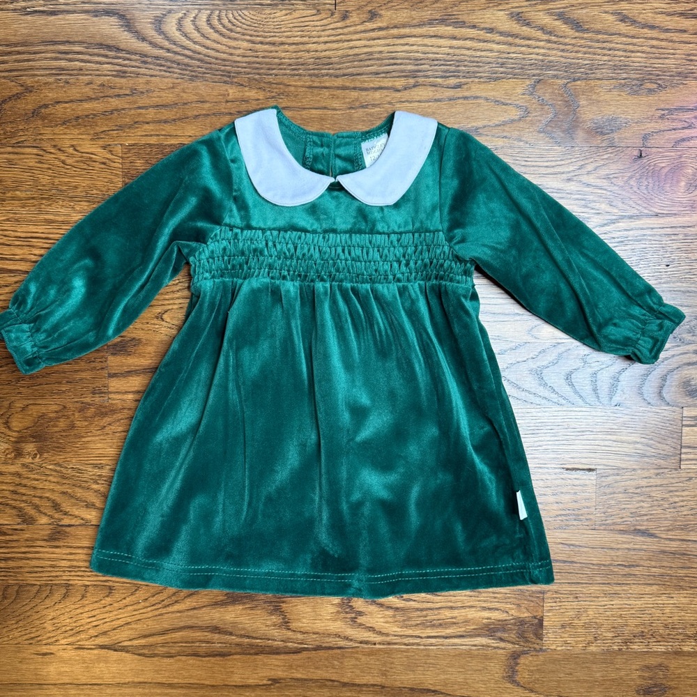 Badgley Mischka Girls Green Velvet Smocked Dress White Peter Pan Collar 12-18M